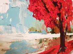 Red Tree Original Painting Lake Landscape Wall Art Nature Scene