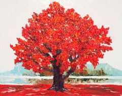 Red Tree Original Painting Lake Landscape Wall Art Nature Scene