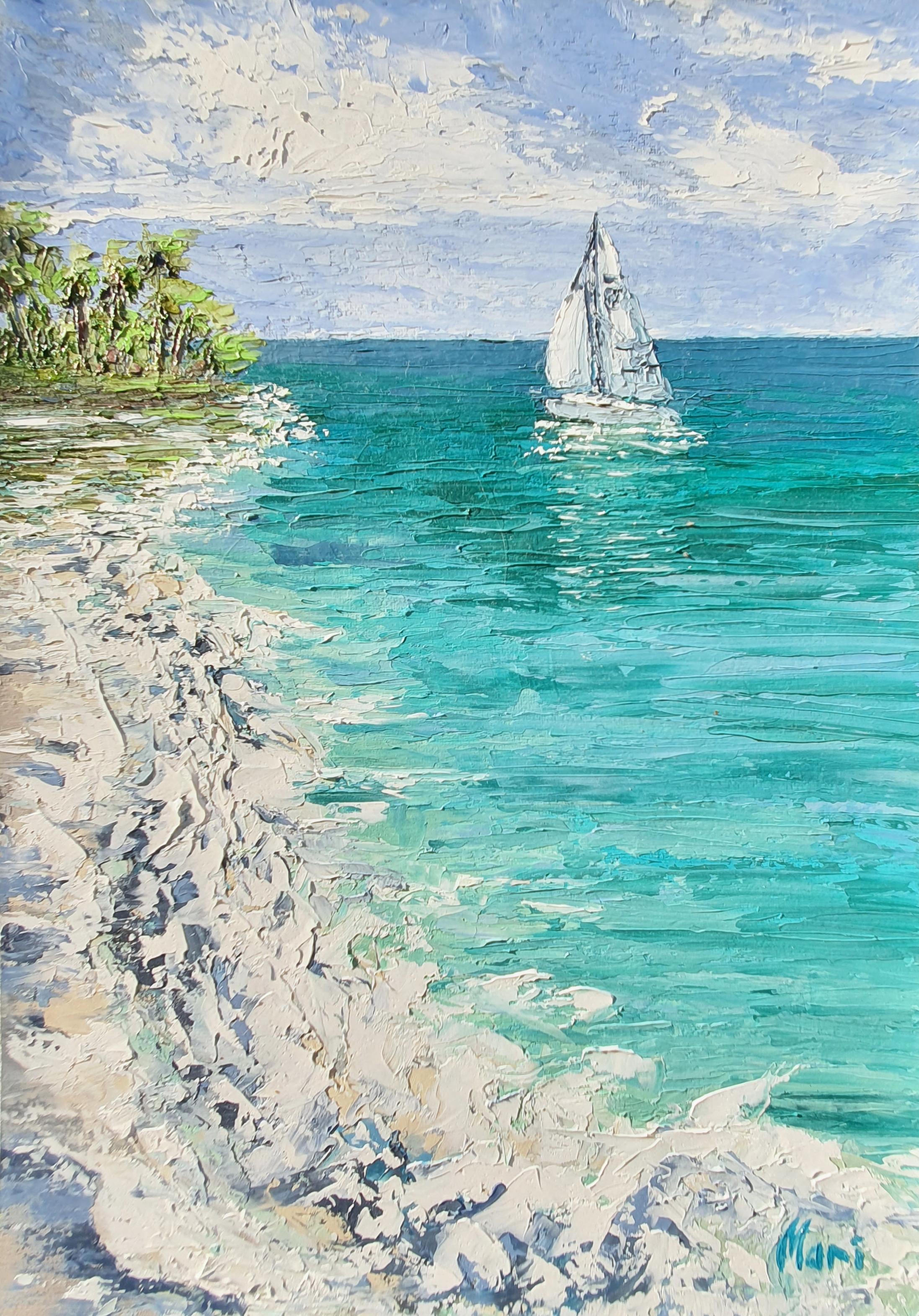 Umrundung des Kaps Malerei Tropischer Strand Seelandschaft Segelboot Ozean