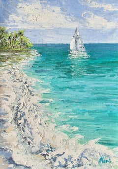 Rounding the Cape Painting Tropical Beach Seascape Sailboat Ocean