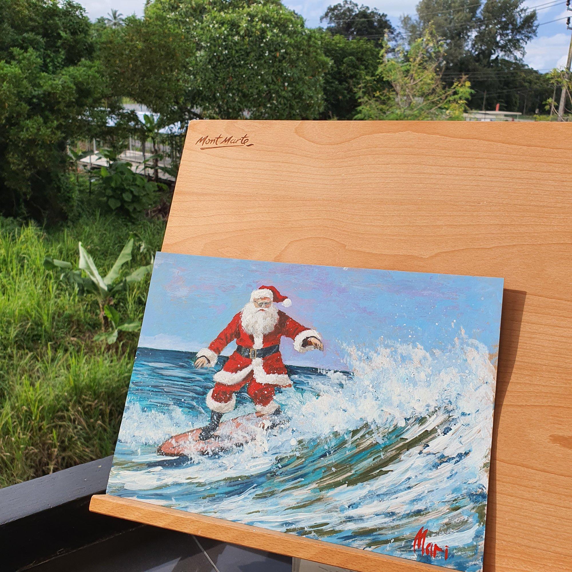 Surfeur du Santa Claus. Peinture originale - Painting de Marina Fisher