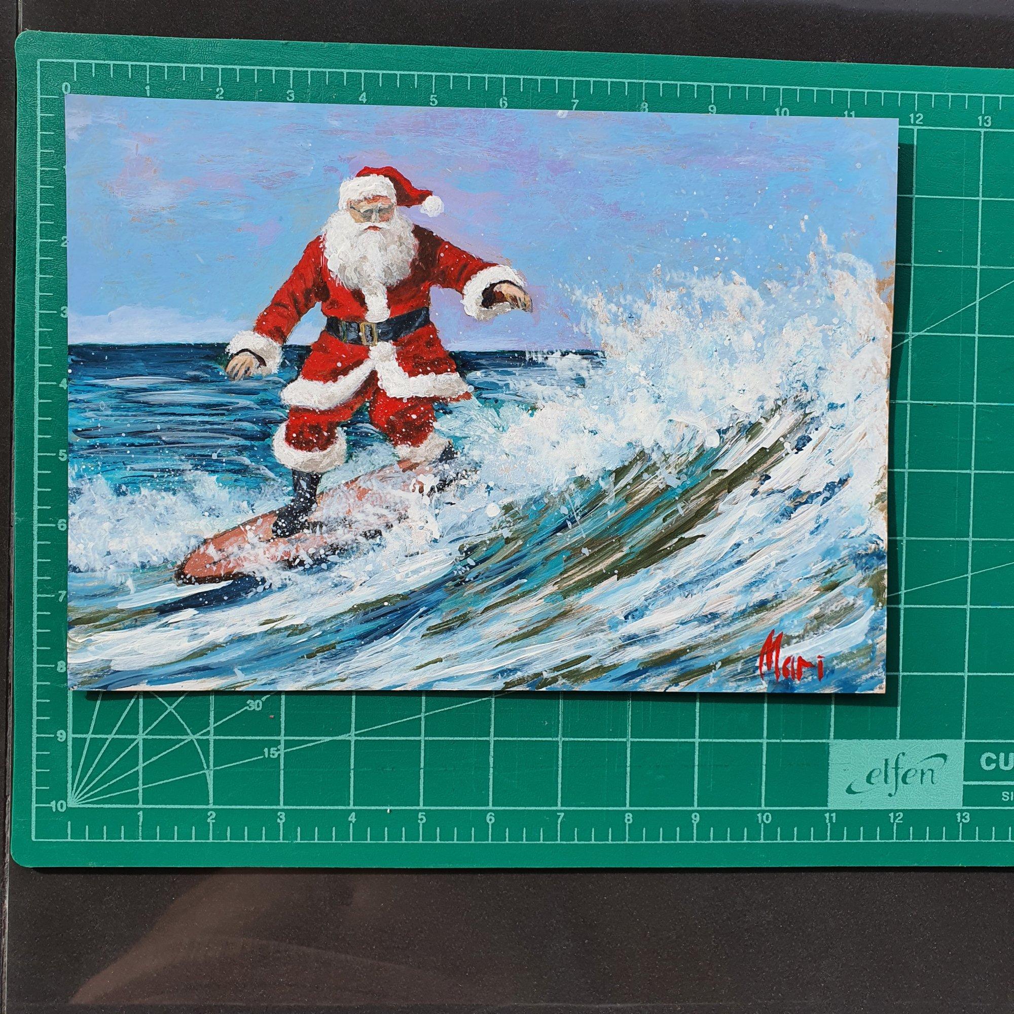 Surfeur du Santa Claus. Peinture originale - Pop Art Painting par Marina Fisher
