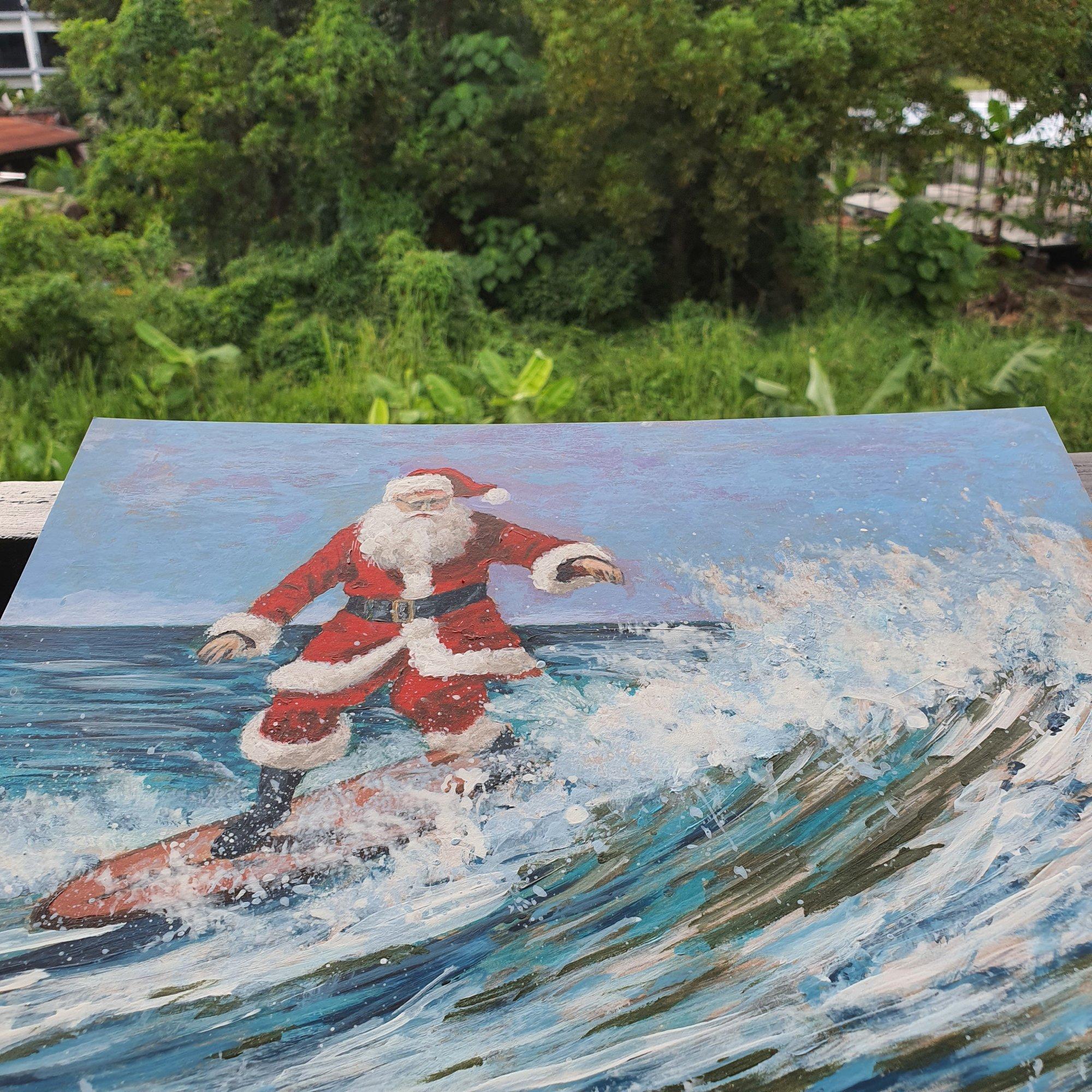 Surfeur du Santa Claus. Peinture originale - Bleu Figurative Painting par Marina Fisher
