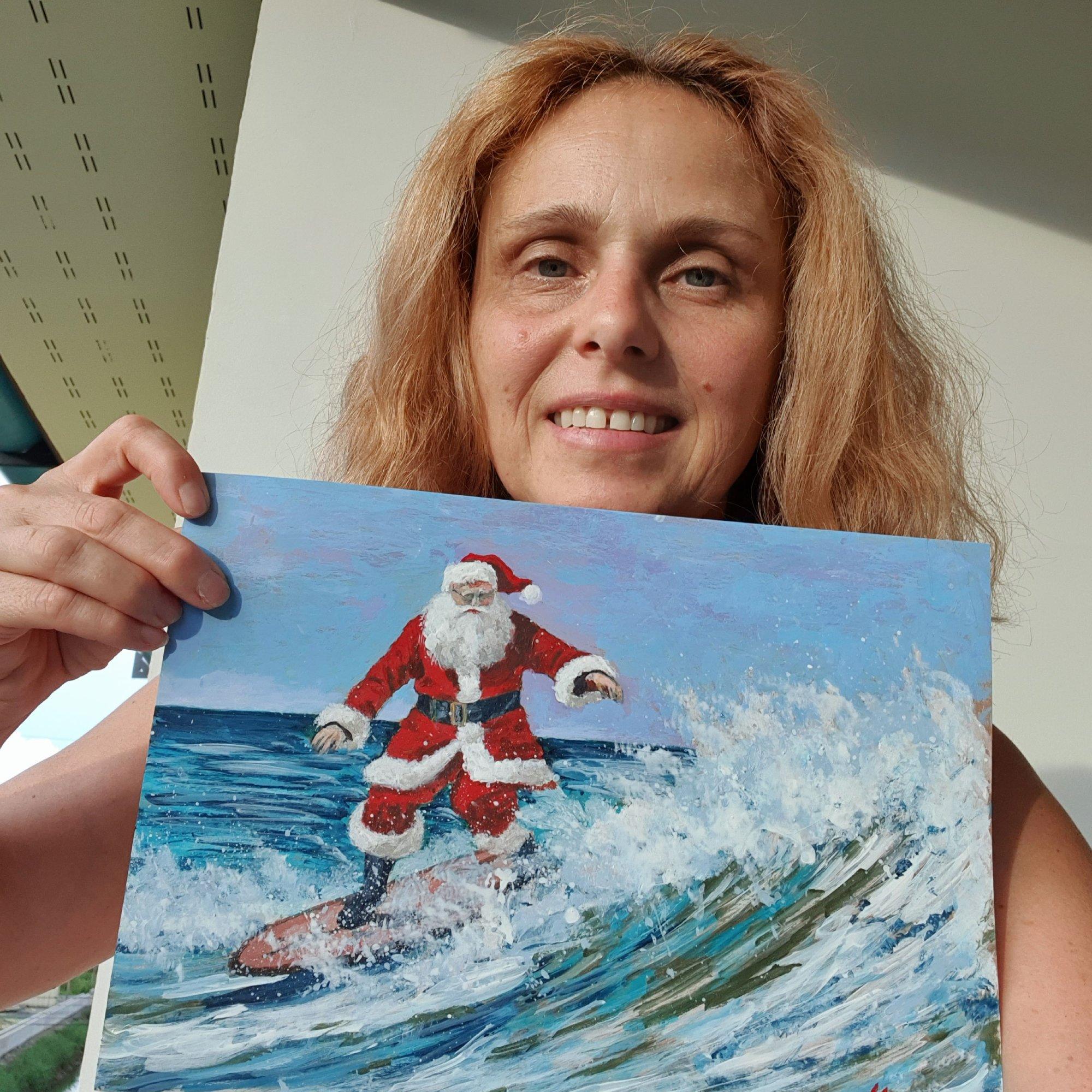 Surfeur du Santa Claus. Peinture originale en vente 1