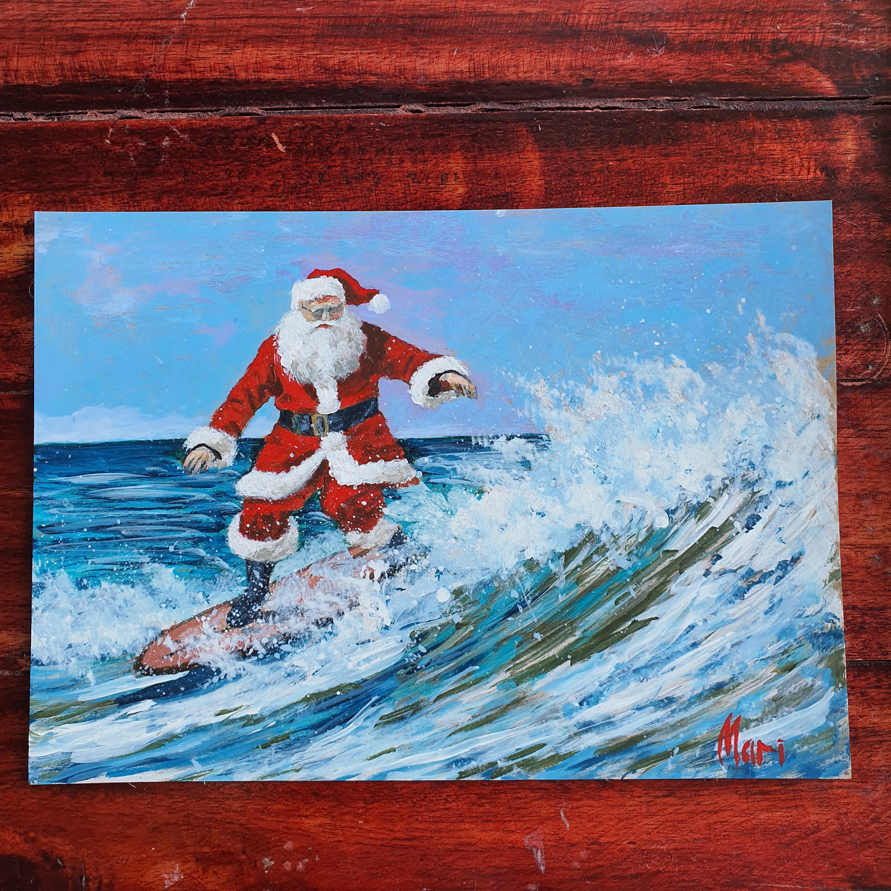 Surfeur du Santa Claus. Peinture originale en vente 3