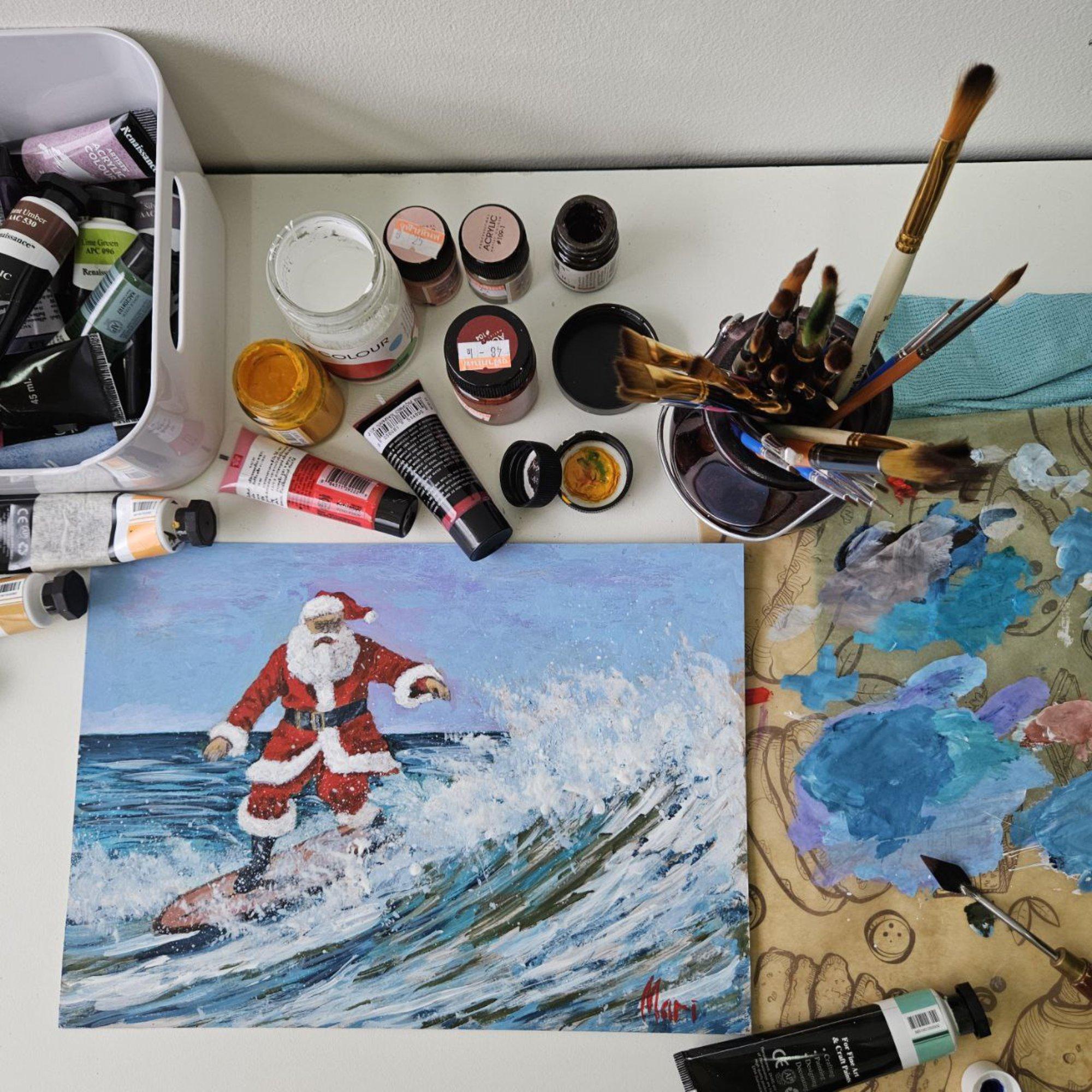Surfeur du Santa Claus. Peinture originale en vente 4