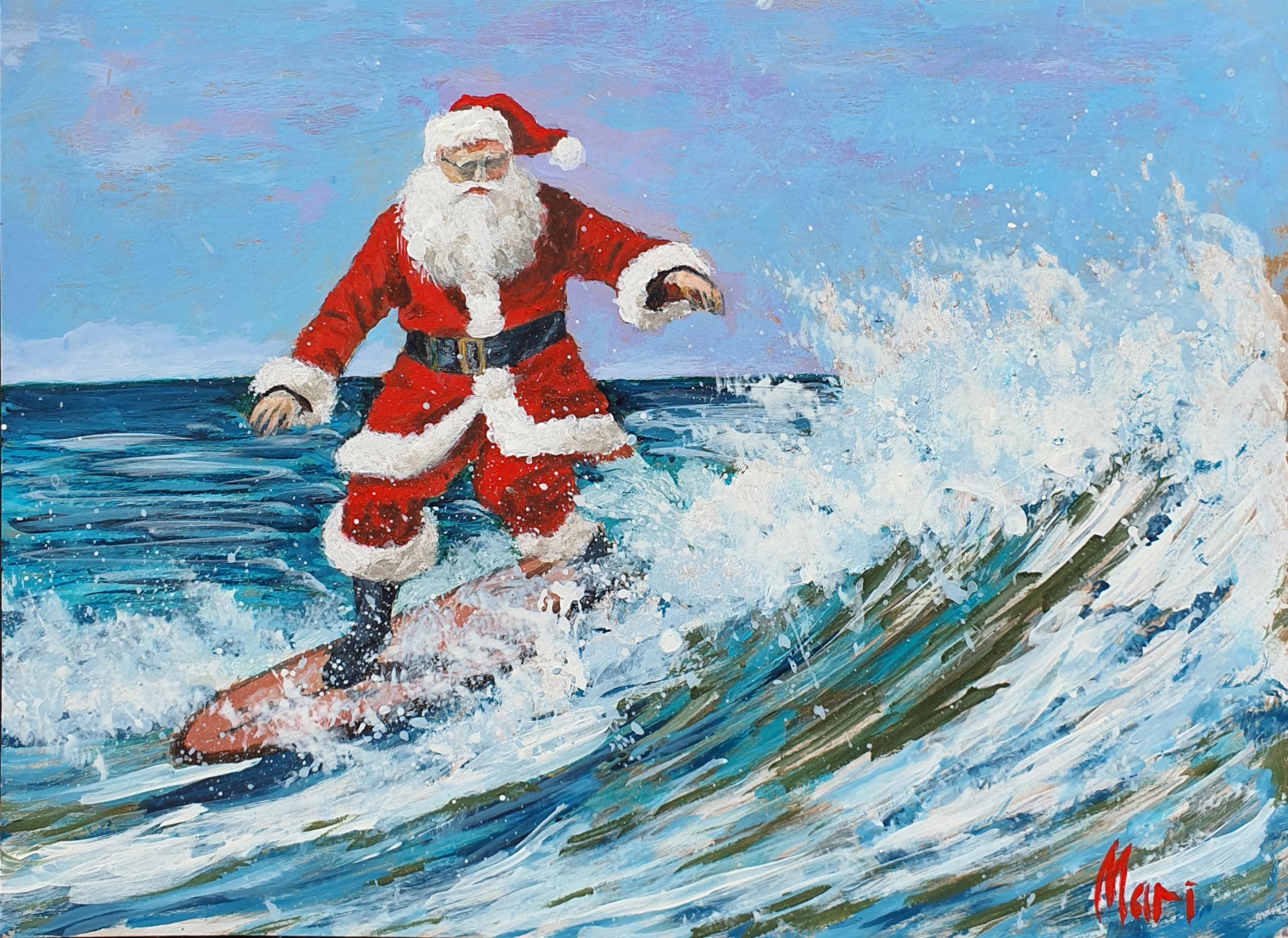Santa Claus Surfer. Pintura original