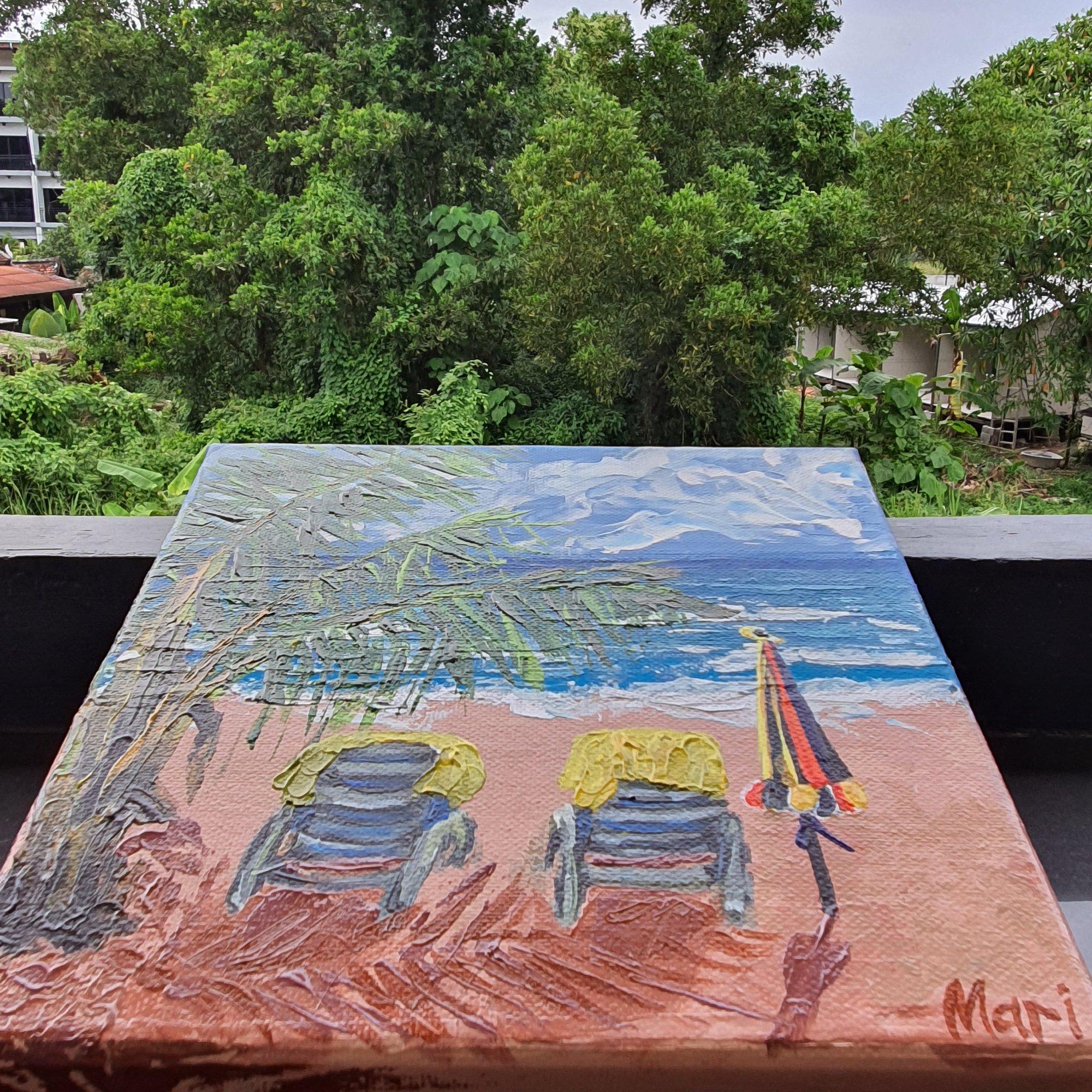 Peinture d'art représentant une scène de plage et des parapluies vues d'océan en vente 5