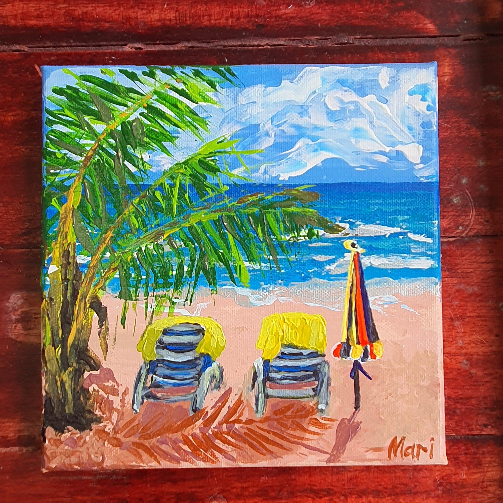 Peinture d'art représentant une scène de plage et des parapluies vues d'océan - Painting de Marina Fisher