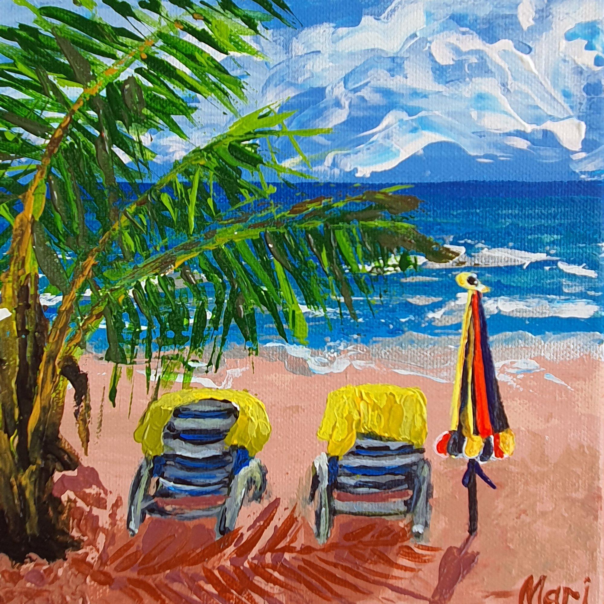 Peinture d'art représentant une scène de plage et des parapluies vues d'océan - Impressionnisme Painting par Marina Fisher