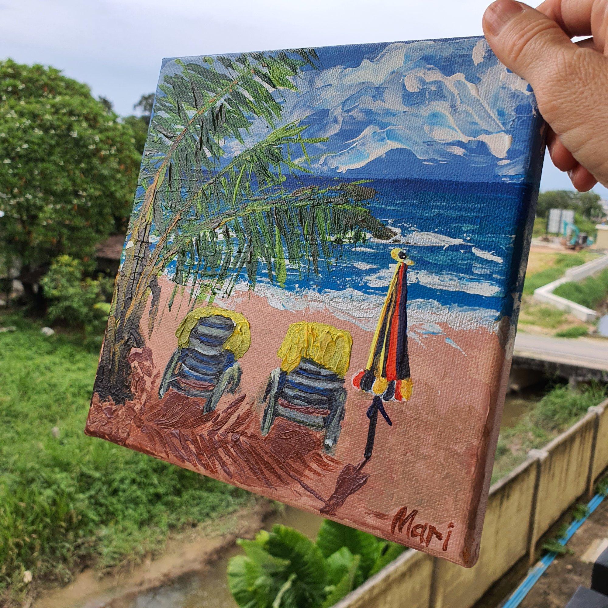 Peinture d'art représentant une scène de plage et des parapluies vues d'océan en vente 1