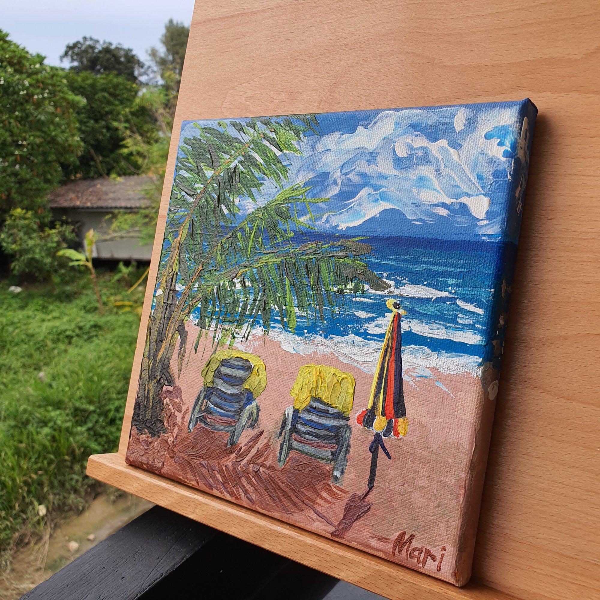 Peinture d'art représentant une scène de plage et des parapluies vues d'océan en vente 2