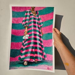 Striped Dress Original Painting Pink Green Stripes Fashion Figure