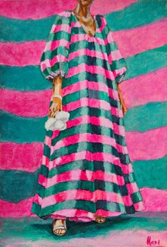 Striped Dress Original Painting Pink Green Stripes Fashion Figure