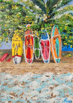 Surfboards Beach Painting Tropical Surf Art Coastal Palm Trees Ocean Lifestyle A