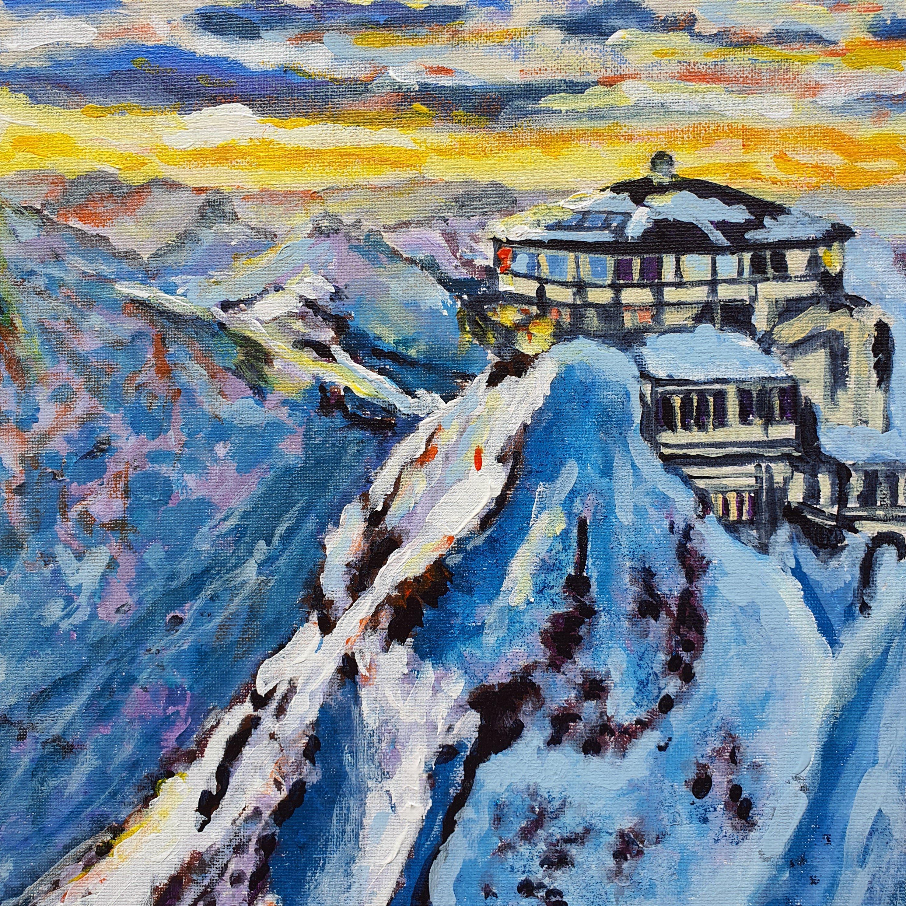 Swiss Alps Mount Pilatus Painting Original Art Switzerland Collectible Landscape - Gray Landscape Painting by Marina Fisher