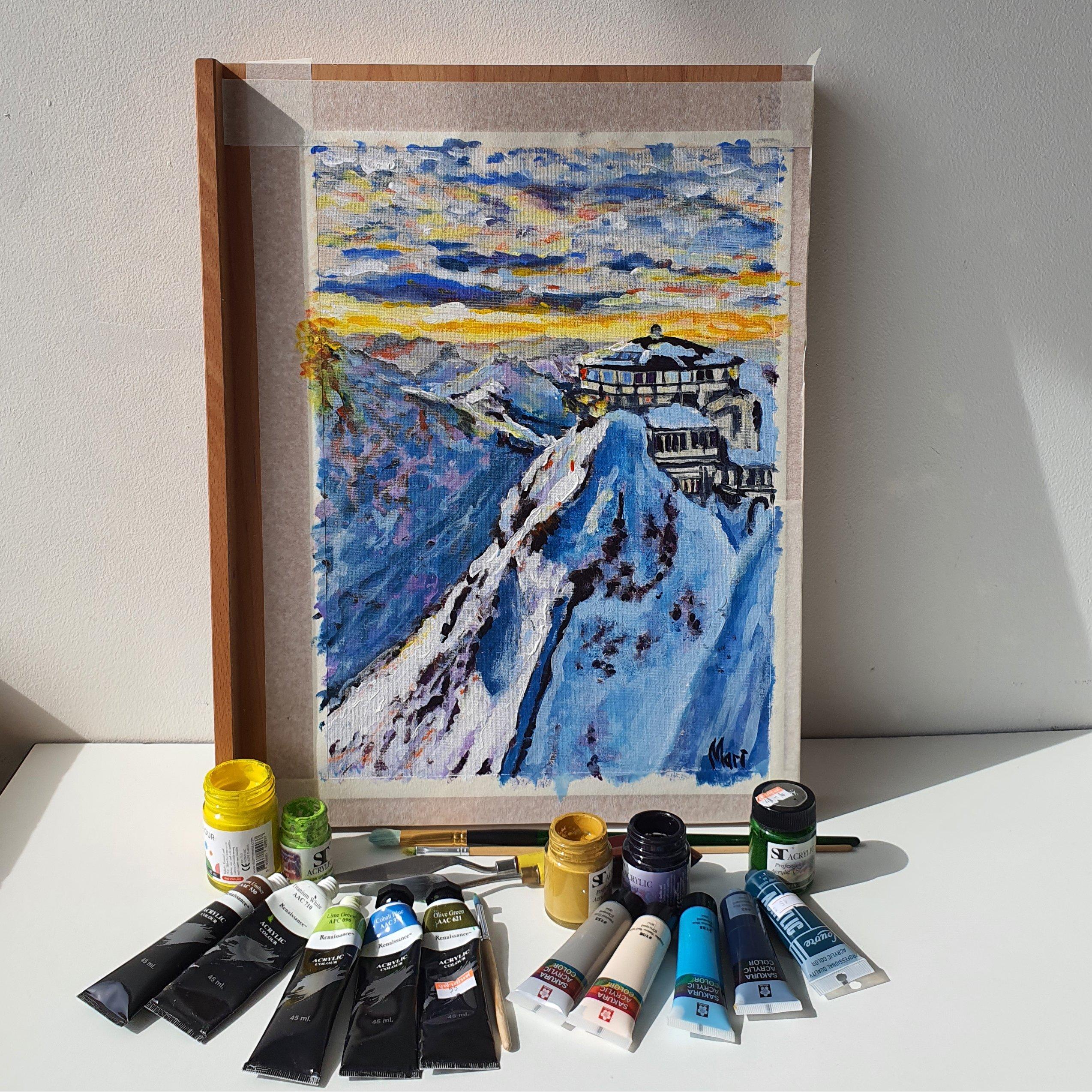 Swiss Alps Mount Pilatus Painting Original Art Switzerland Collectible Landscape For Sale 1
