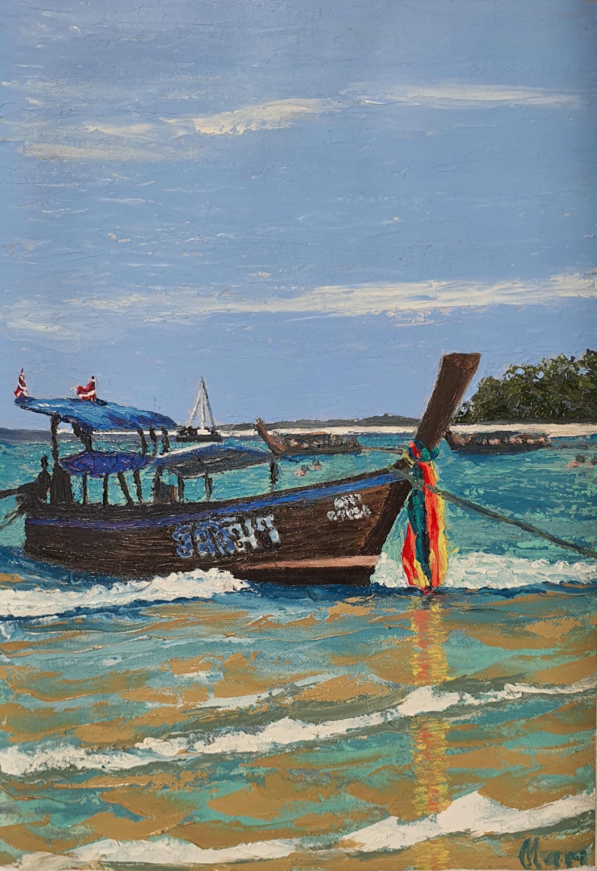 Thai Longtail Boat Painting Tropical Beach Seascape Original Art Coastal Wall De