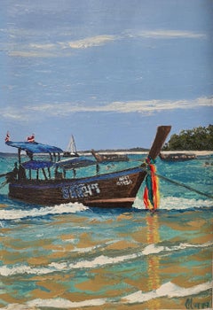 Thai Longtail Boat Painting Tropical Beach Seascape Original Art Coastal Wall De