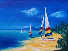 Tropical Beach Sailboats Painting Original Ocean Seascape Art Coastal Landscape