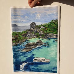 Pittura laguna tropicale Isola Paesaggio marino Barca Paesaggio costiero Arte