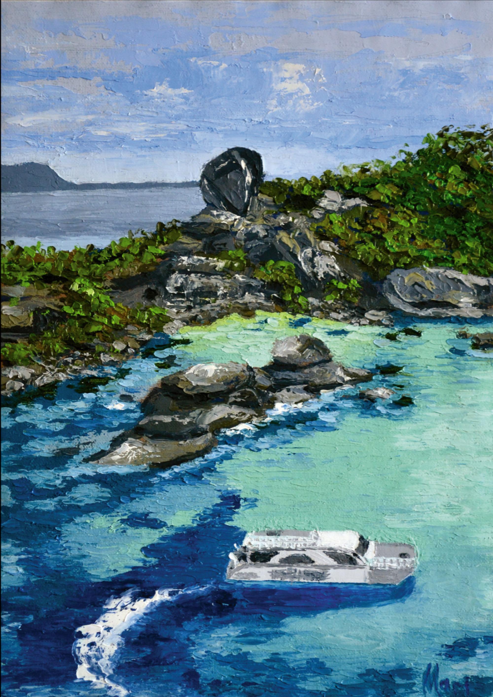 Marina Fisher Landscape Painting - Tropical Lagoon Painting Island Seascape Boat Coastal Landscape Art