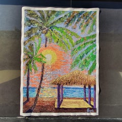 Tropical Sunset Beach Painting Palm Trees Ocean Seascape Island Paradise Art