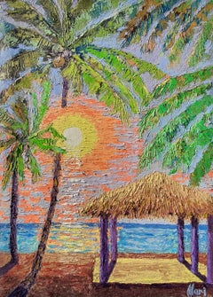 Tropical Sunset Beach Painting Palm Trees Ocean Seascape Island Paradise Art