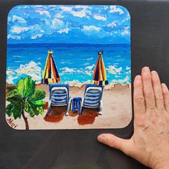 Two Sunbeds Beach Painting Seascape Tropical Sea Indian Almond Tree Original Art