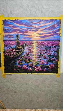 Water Lily Sunset Painting Original Lake Landscape Art Serene Nature Wall Decor