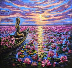 Water Lily Sunset Painting Original Lake Landscape Art Serene Nature Wall Decor