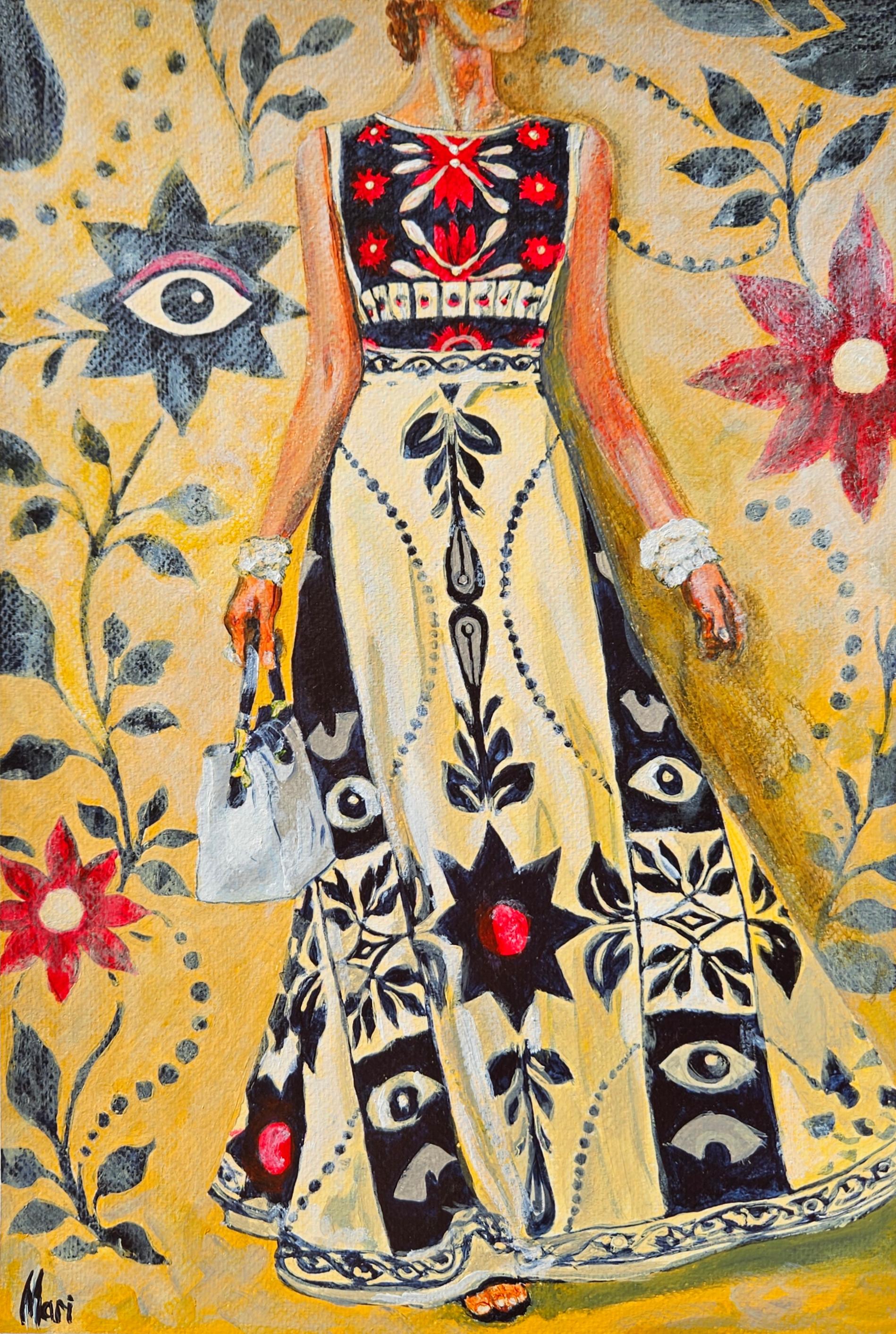 Woman in Evil Eye Dress Painting Symbolic Fashion Figurative Art