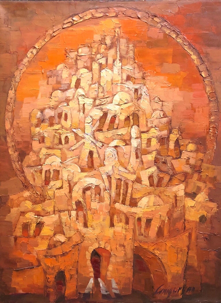 Old City Jerusalem Landscape Russian Israeli Judaica Oil Painting - Orange Figurative Painting by Marina Grigoryan