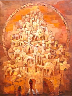 Peinture à l'huile russe d'un paysage israélien juif de la vieille ville de Jérusalem