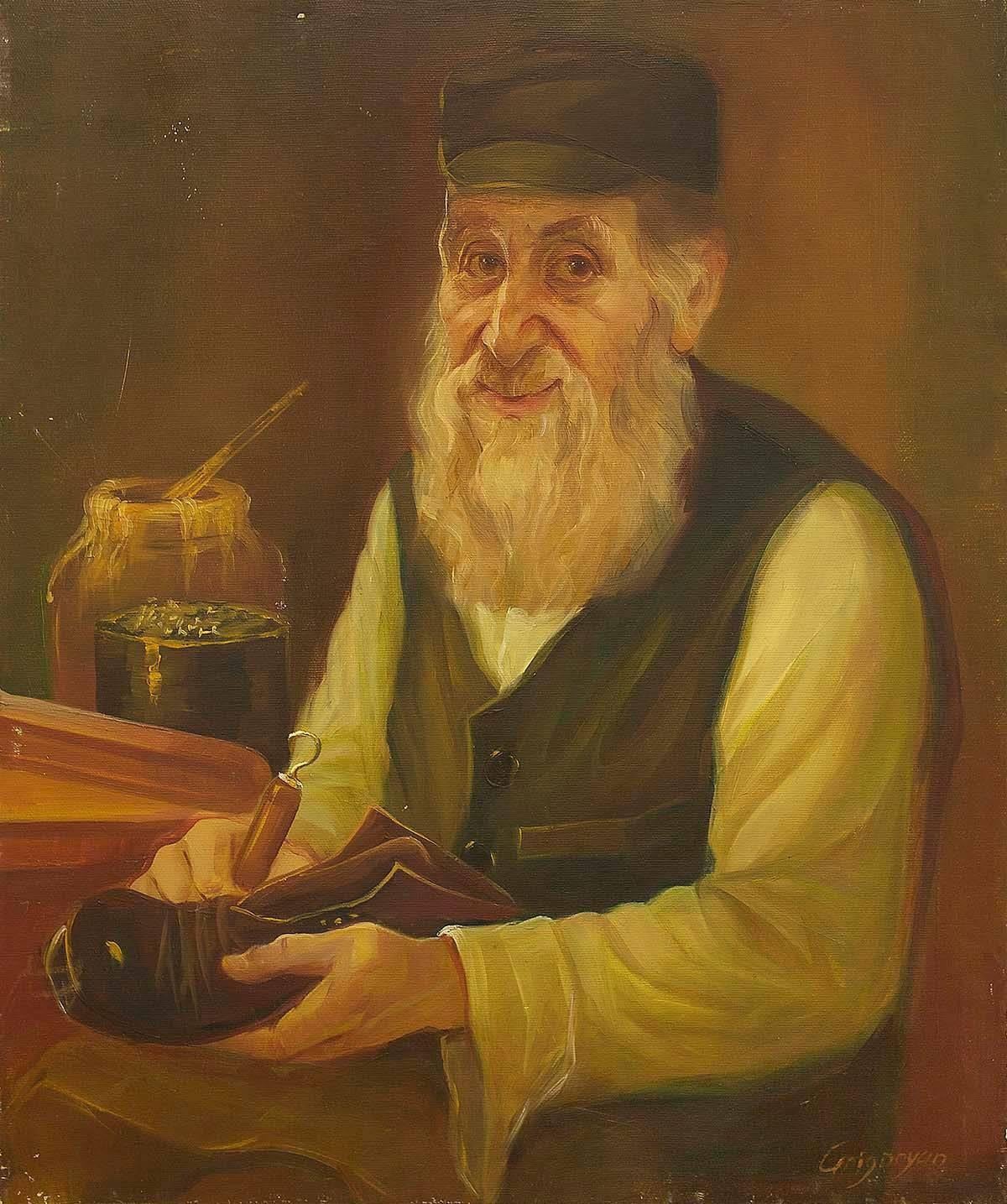 Marina Grigoryan Figurative Painting - Shtetl Shoemaker Judaica Oil Painting