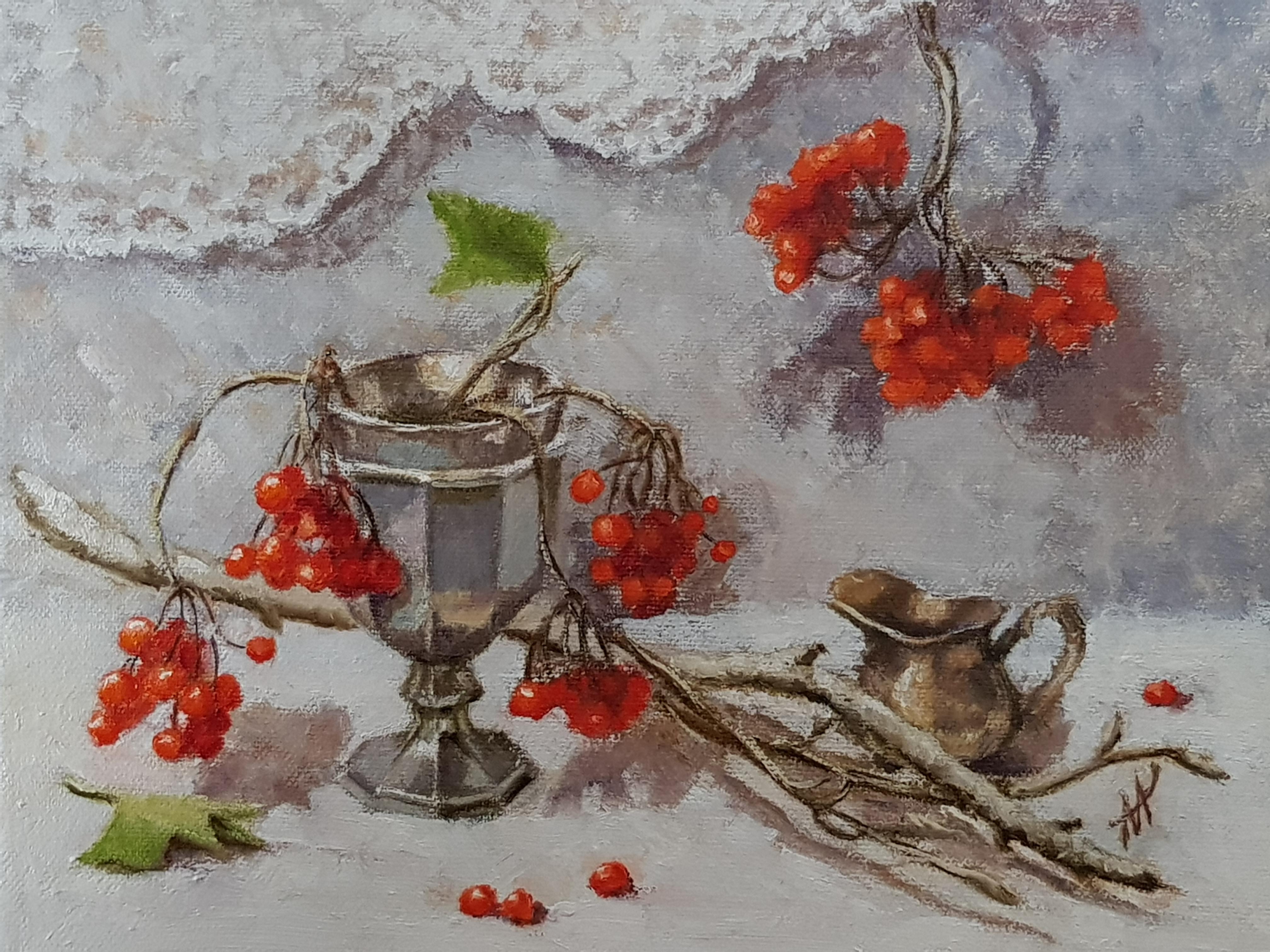 Still-Life Painting de Marina Hein - "Racimos de viburnum rojo en una taza de metal"