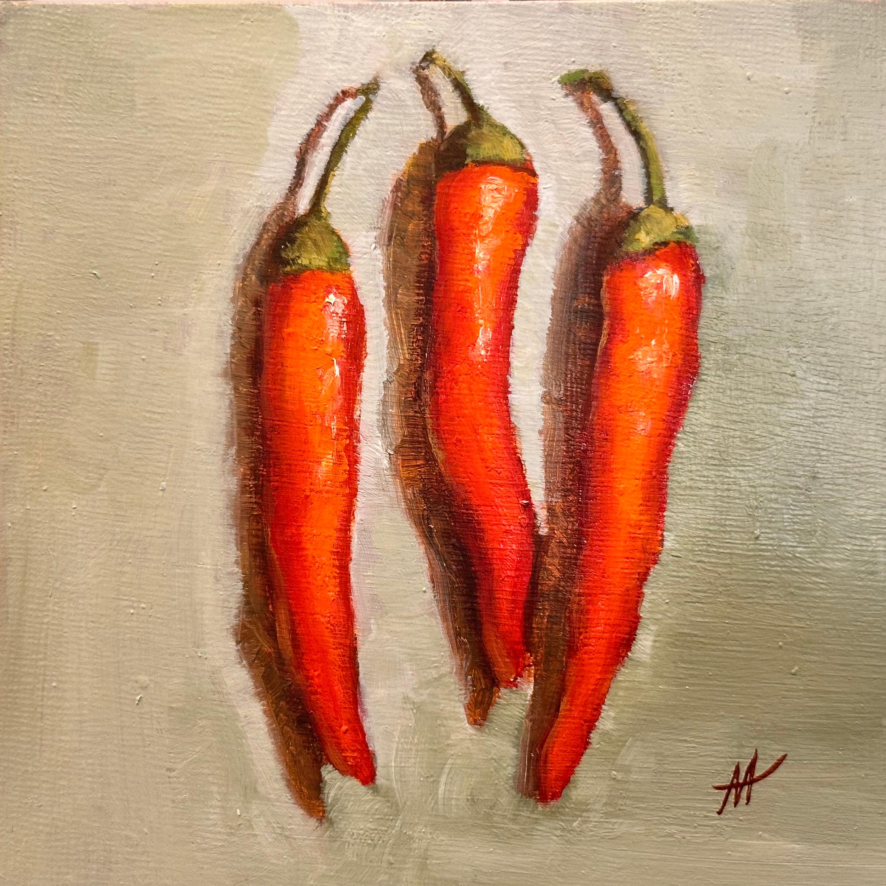 Peperoni rossi. mini dipinto originale - Still-Life Painting Beige di Marina Hein