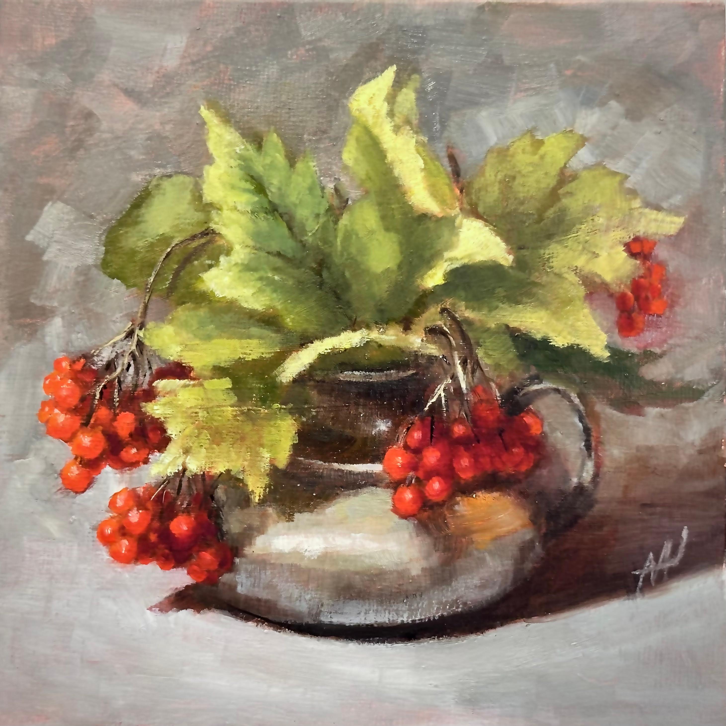 Viburnum in einer Vase, Original-Minigemälde (Braun), Still-Life Painting, von Marina Hein