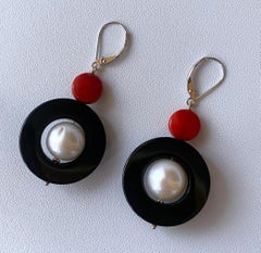 Marina J. 14k Gold, Pearl, Black Onyx & Mediterranean Coral Lever Back Earrings