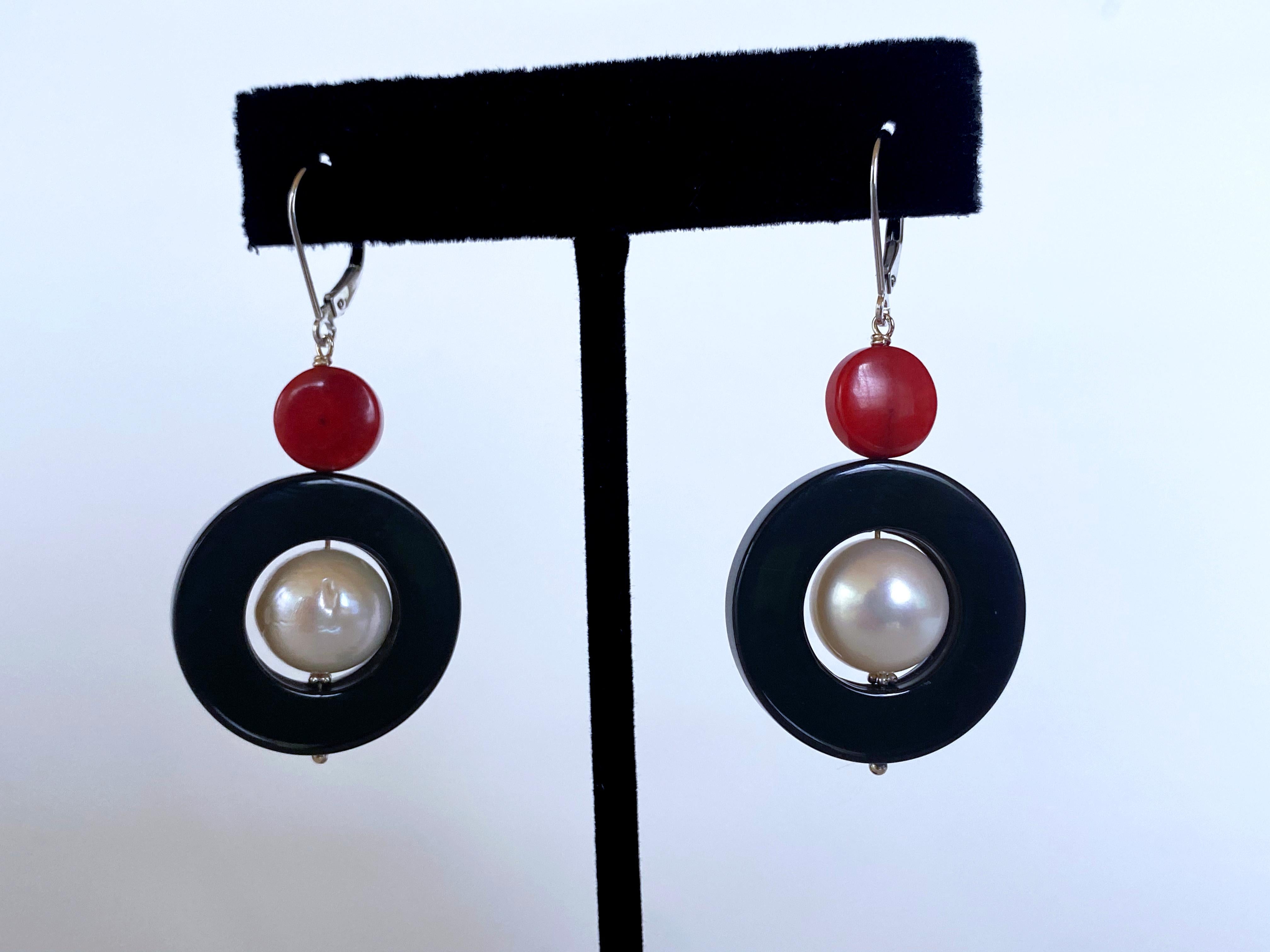 Marina J. 14k Gold, Pearl, Black Onyx & Mediterranean Coral Lever Back Earrings In New Condition For Sale In Los Angeles, CA