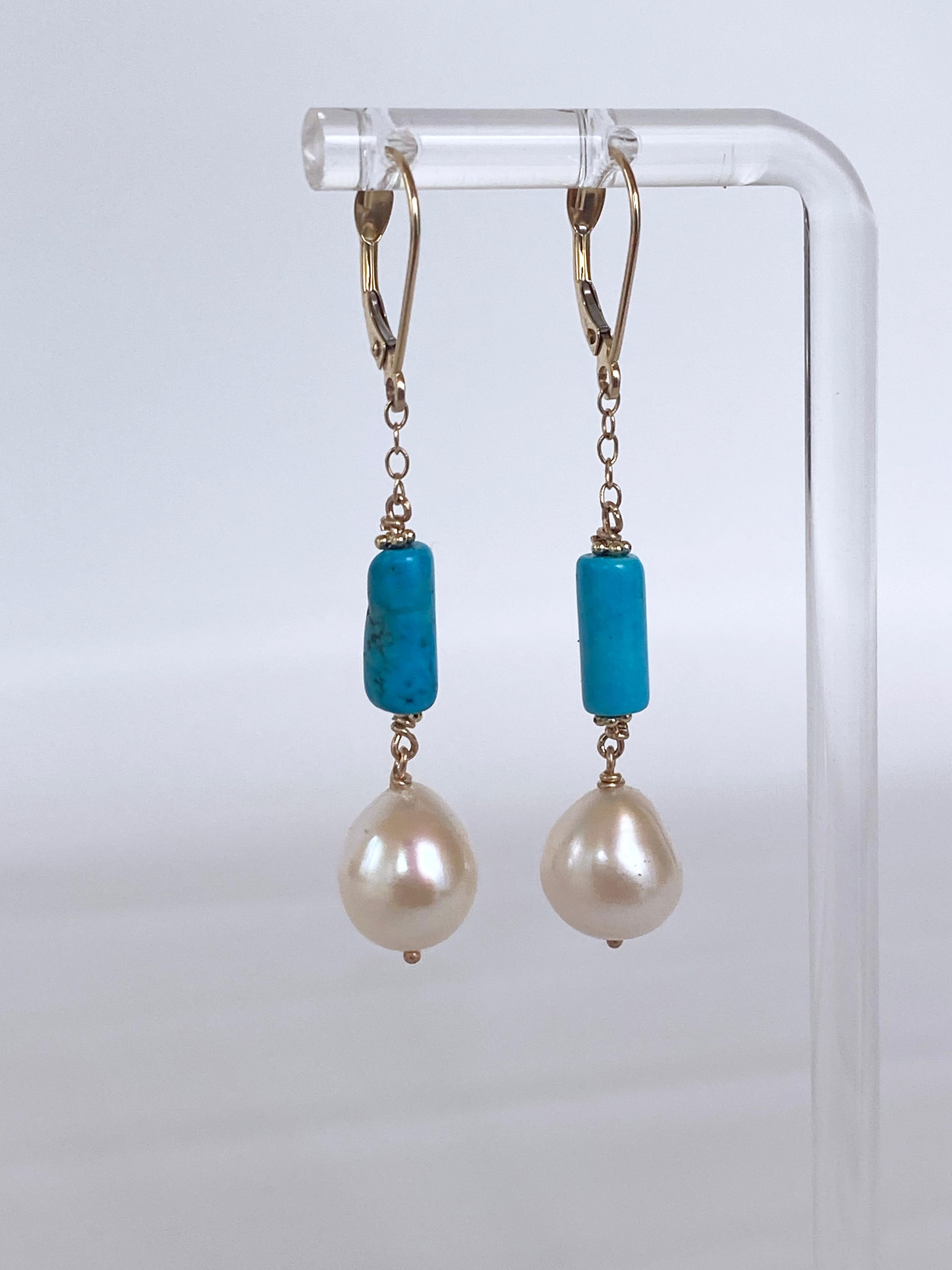 Artisan Marina J. 14k, Turquoise & Baroque Pearl Lever Back Earrings For Sale