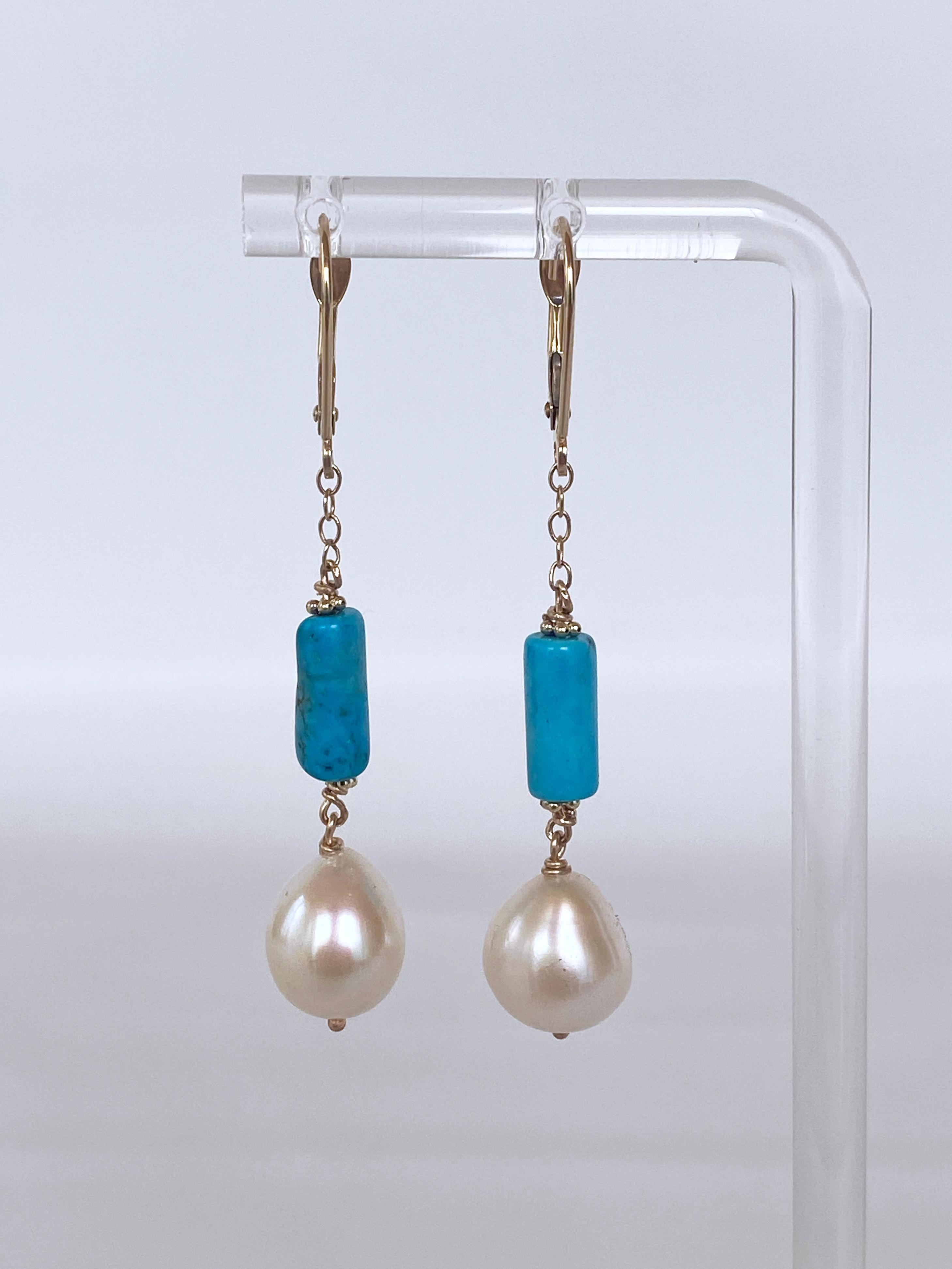 Marina J. 14k, Turquoise & Baroque Pearl Lever Back Earrings In New Condition For Sale In Los Angeles, CA