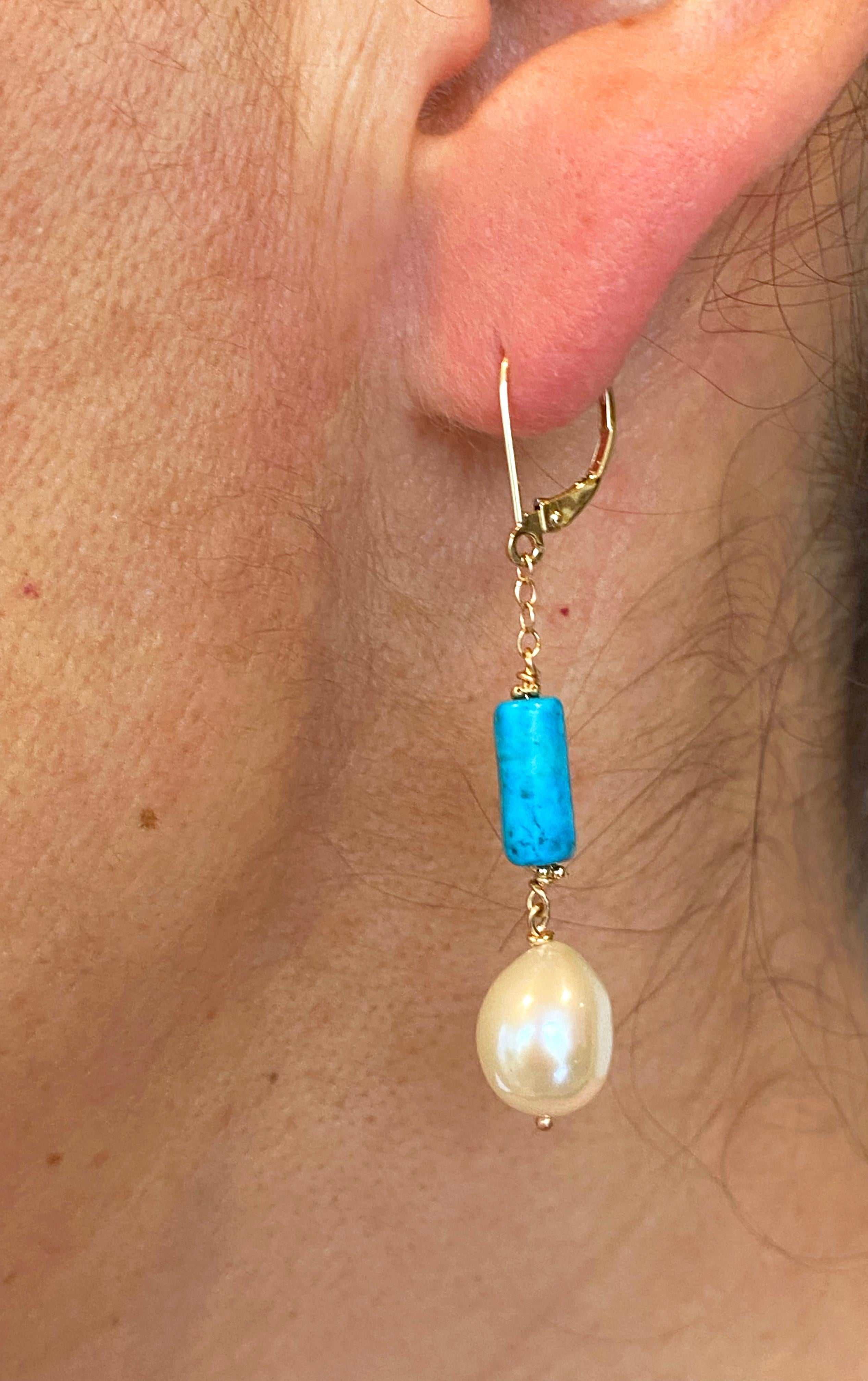 Pear Cut Marina J. 14k, Turquoise & Baroque Pearl Lever Back Earrings