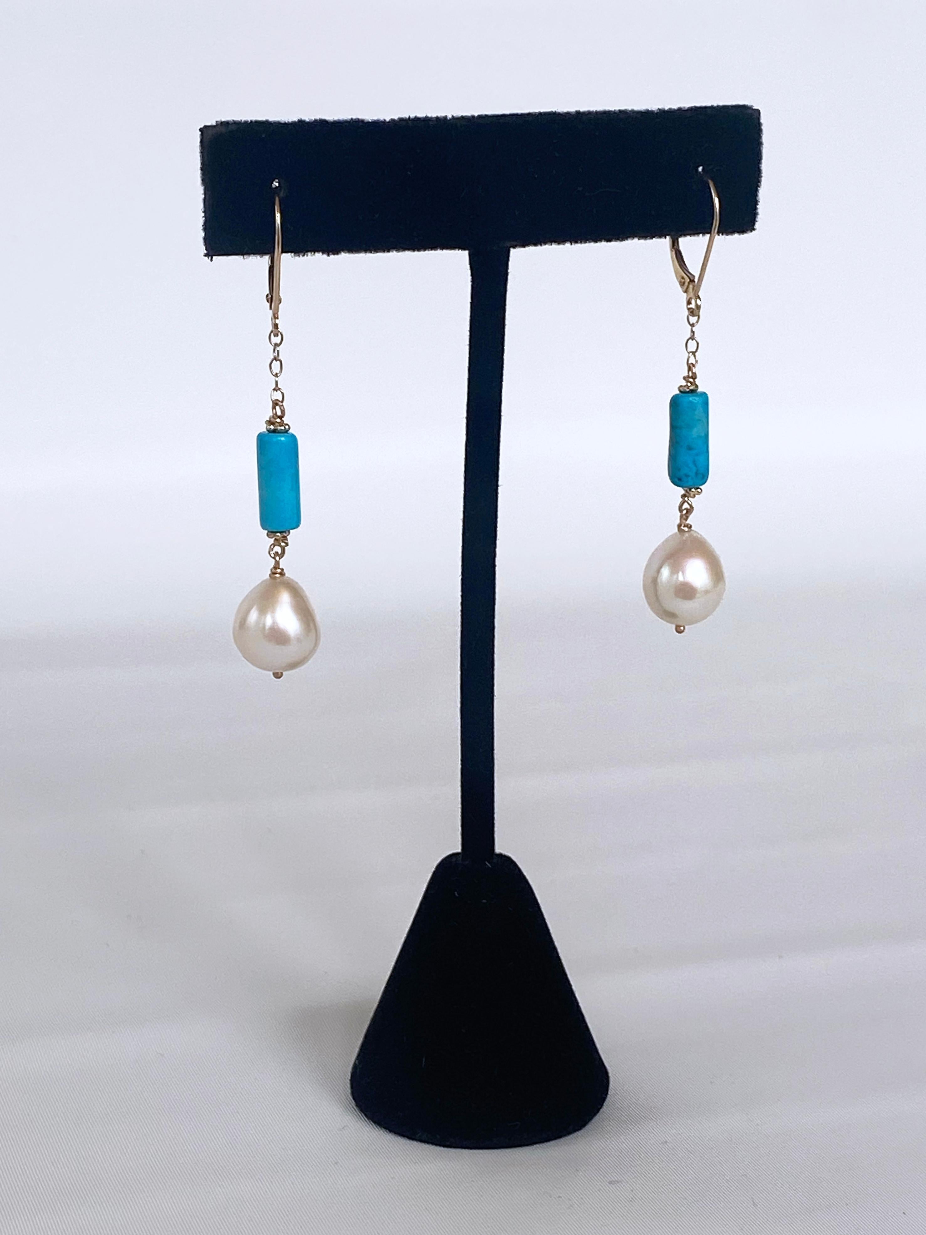Women's Marina J. 14k, Turquoise & Baroque Pearl Lever Back Earrings For Sale