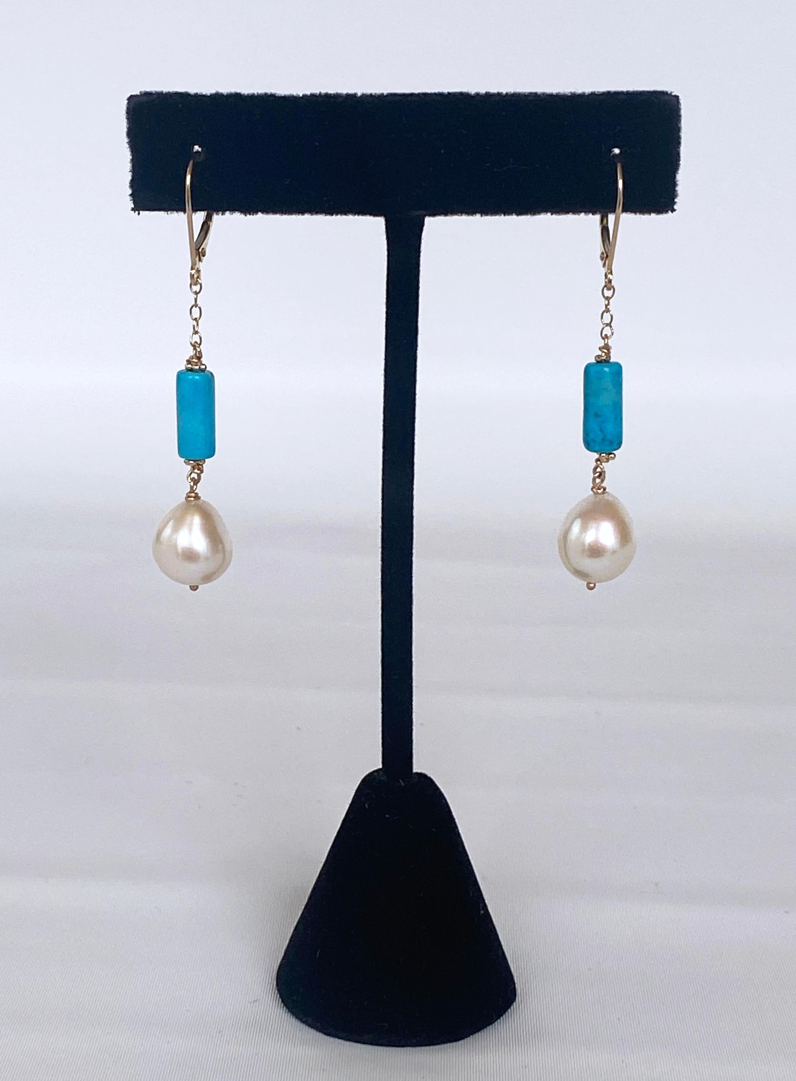 Marina J. 14k, Turquoise & Baroque Pearl Lever Back Earrings 1