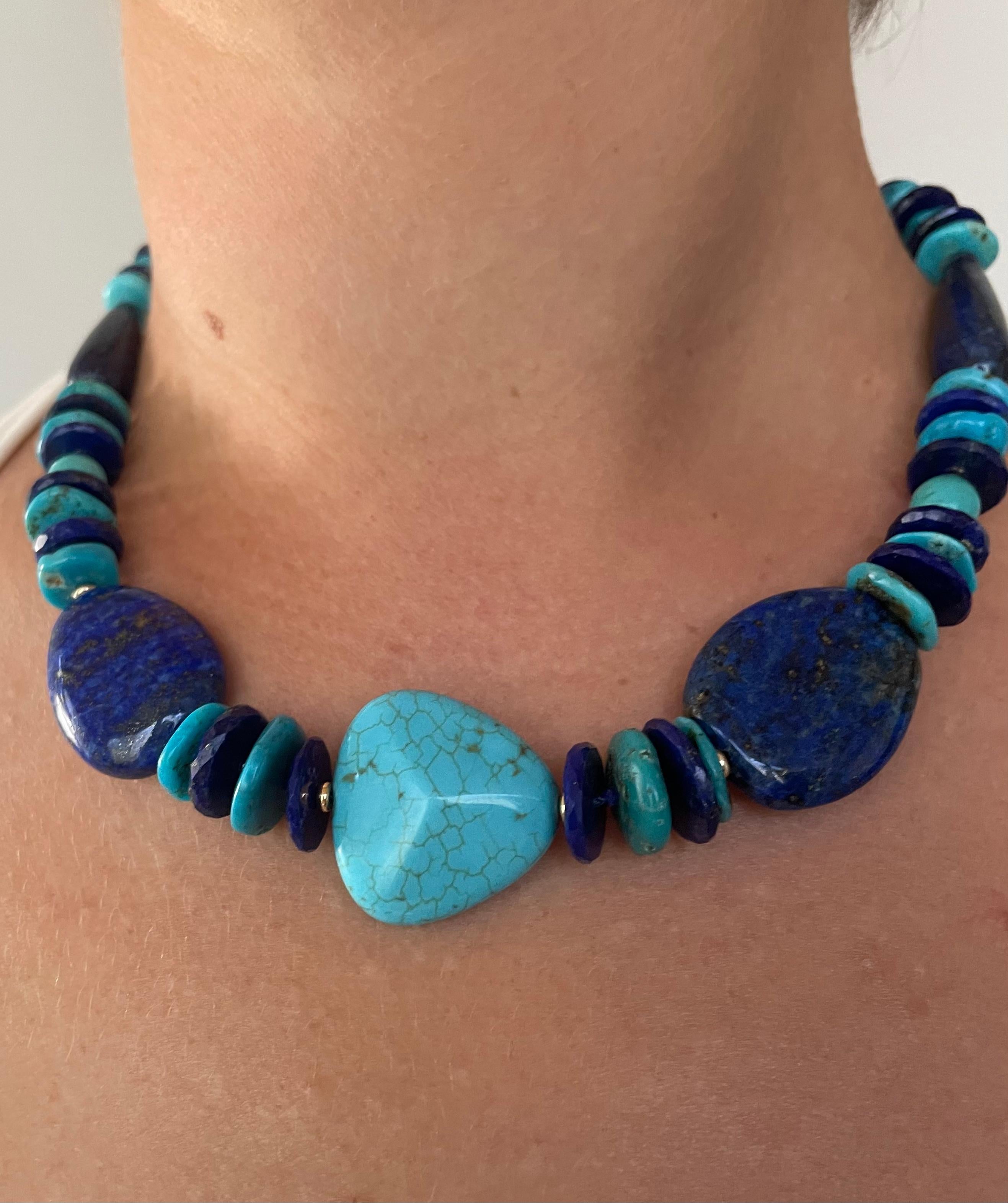 Marina J. 14k Yellow Gold, Turquoise & Lapis Lazuli Necklace For Sale 2