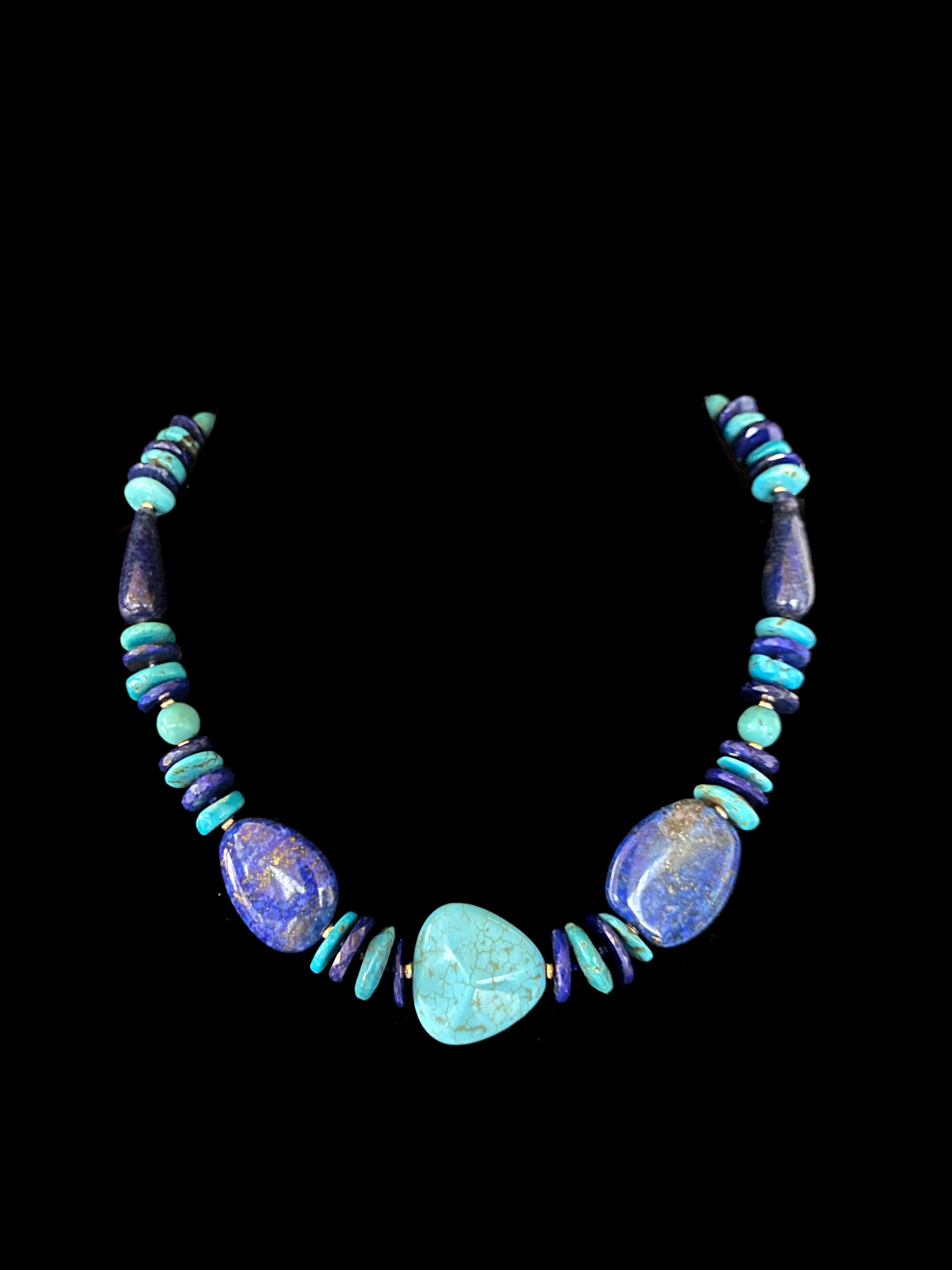 Artisan Marina J. 14k Yellow Gold, Turquoise & Lapis Lazuli Necklace For Sale