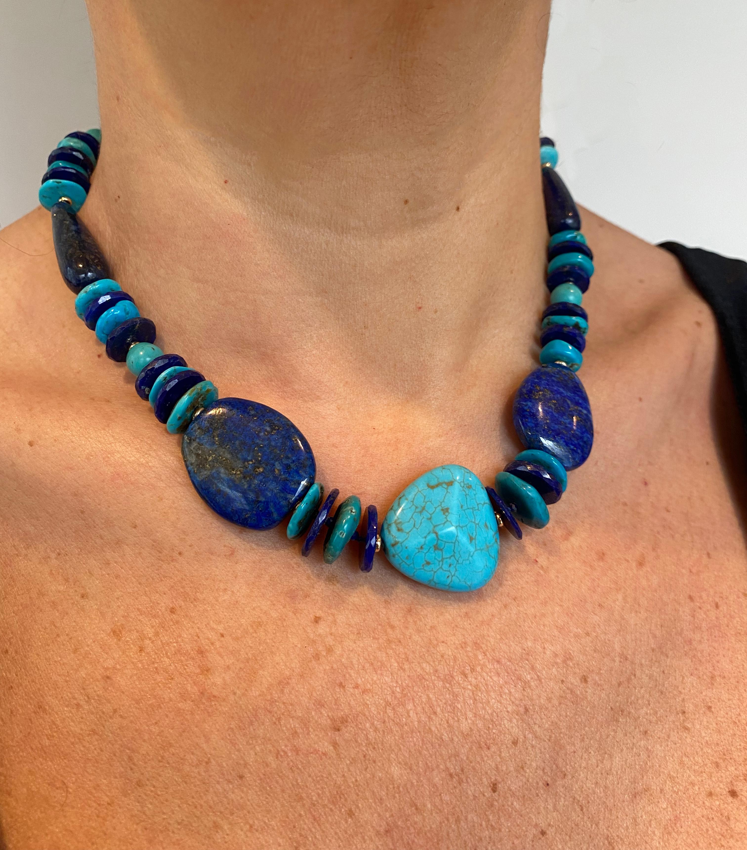 Artisan Marina J. 14k Yellow Gold, Turquoise & Lapis Lazuli Necklace For Sale