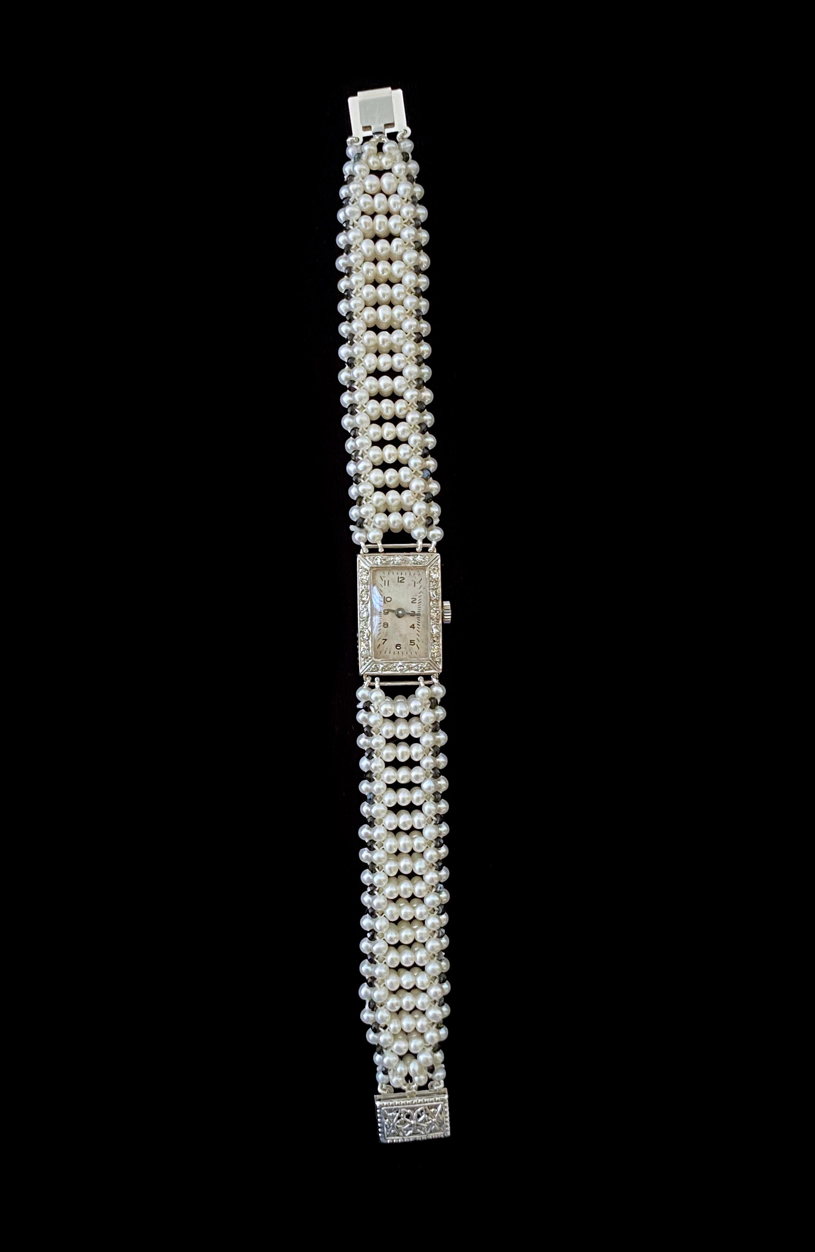 Old European Cut Marina J. 18k Vintage Diamond Encrusted Watch with Pearls & Black Spinel For Sale