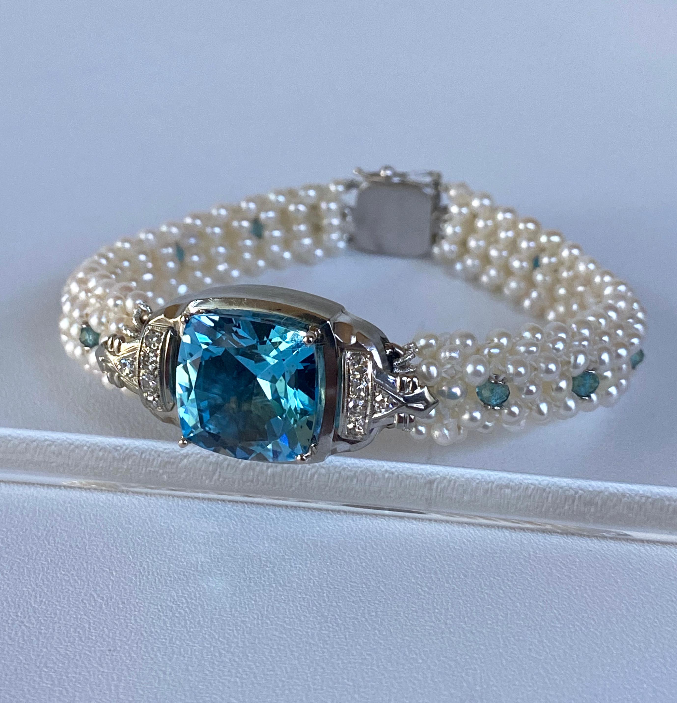 Artisan Marina J. 18k White Gold, Diamond, Pearl & London Blue Topaz Bracelet For Sale